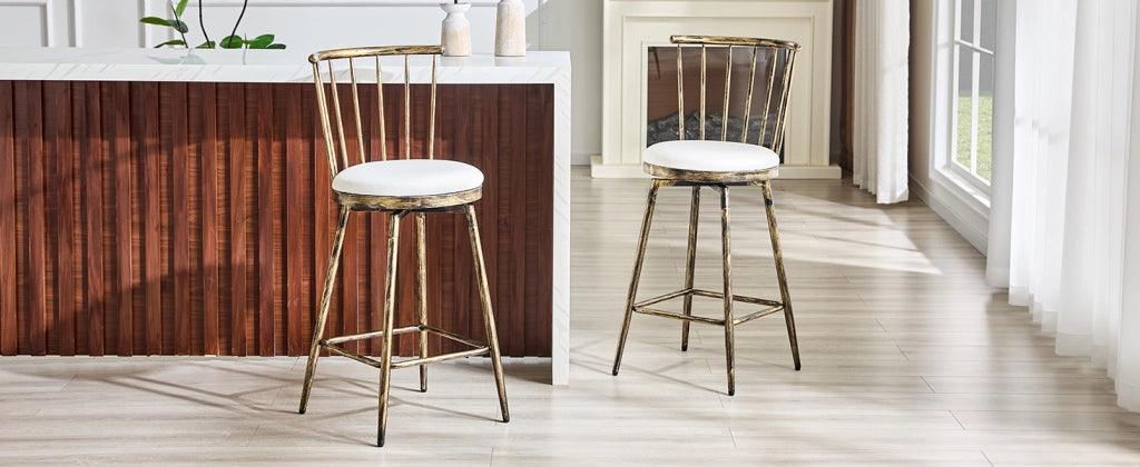 Sgabello da bar con schienale Windsor in metallo e seduta imbottita in PU marrone e bianco 73 × 45,5 × 45 cm