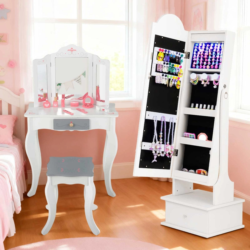 Armadietto gioielli bambini luci specchio figura intera 2 angoli inclinabili-Organizzatore armadio principessa camera sala giochi Bianco