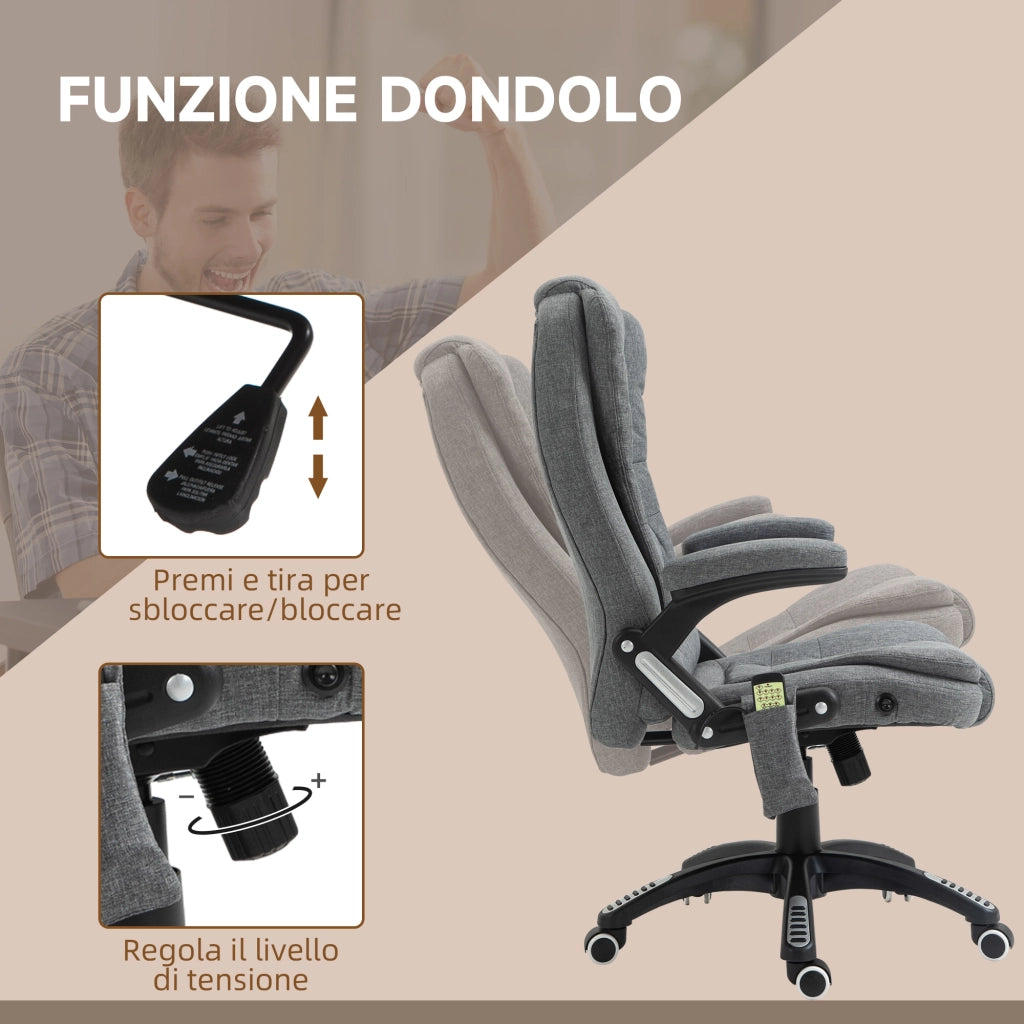 EasyComfort Sedia da Ufficio Massaggiante a 6 Punti Vibrante con Funzione Dondolo e Riscaldata, Poltrona Ufficio Reclinabile con Altezza Regolabile, Telecomando e Tasca Laterale in Tessuto, Grigio