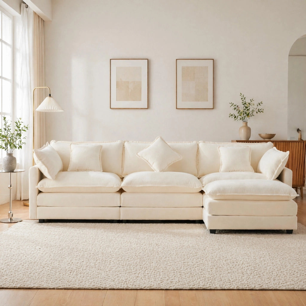 SOFA Angolare L 283x147x84 cm in ciniglia beige con pouf mobile