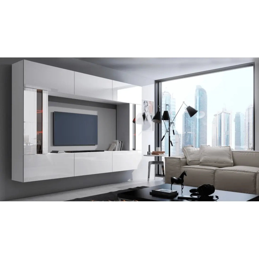 Set di mobili da soggiorno bianchi, sospesi, collezione CEPTO XXVIII. 249cm, 8 pezzi, con LED, modulari.