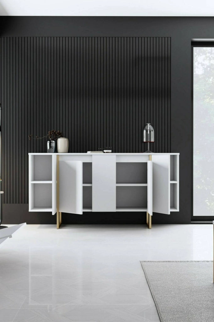 Credenza Arta, Buffet da soggiorno, Madia da salotto, Dispensa da cucina, 160x35h80 cm, Bianco e Oro