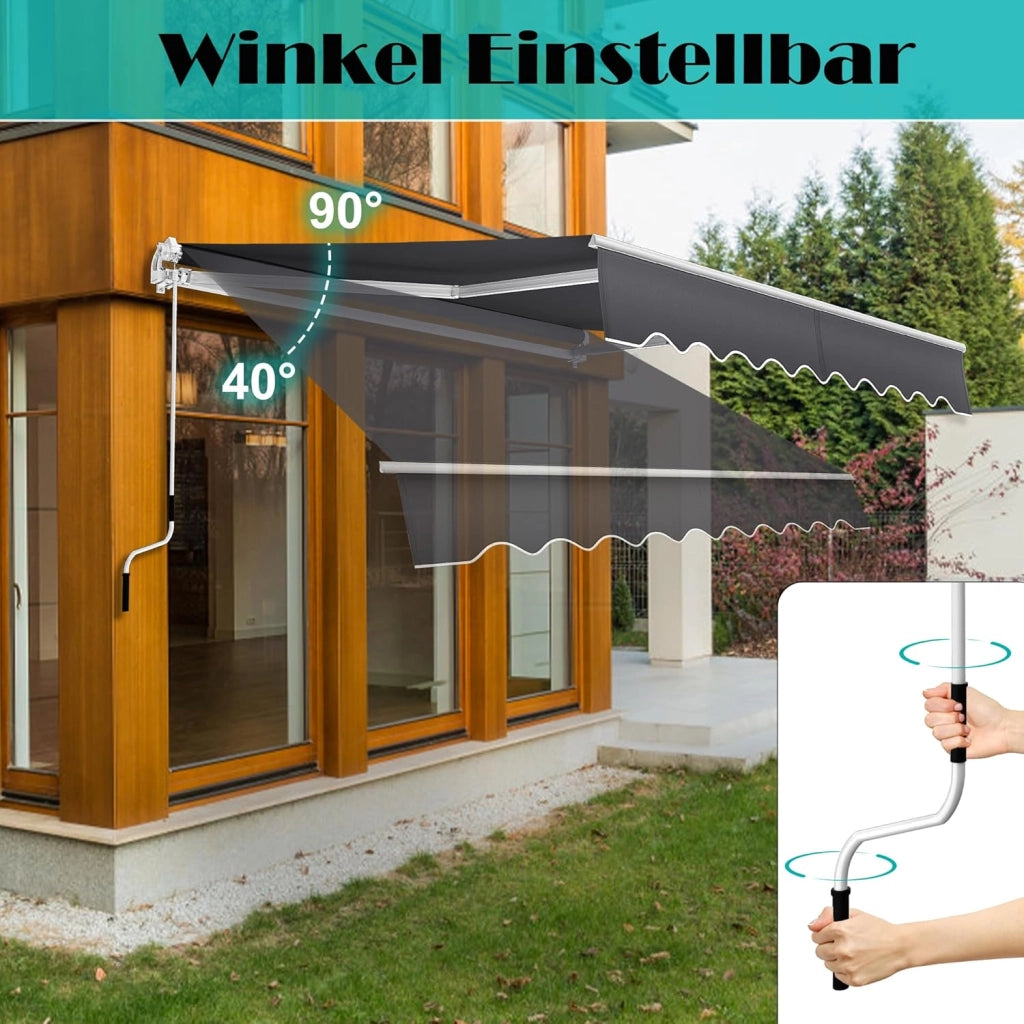 Tenda da sole con manovella manuale, 250 x 200 cm, tenda da sole per balcone, terrazza, impermeabile, protezione solare, antracite