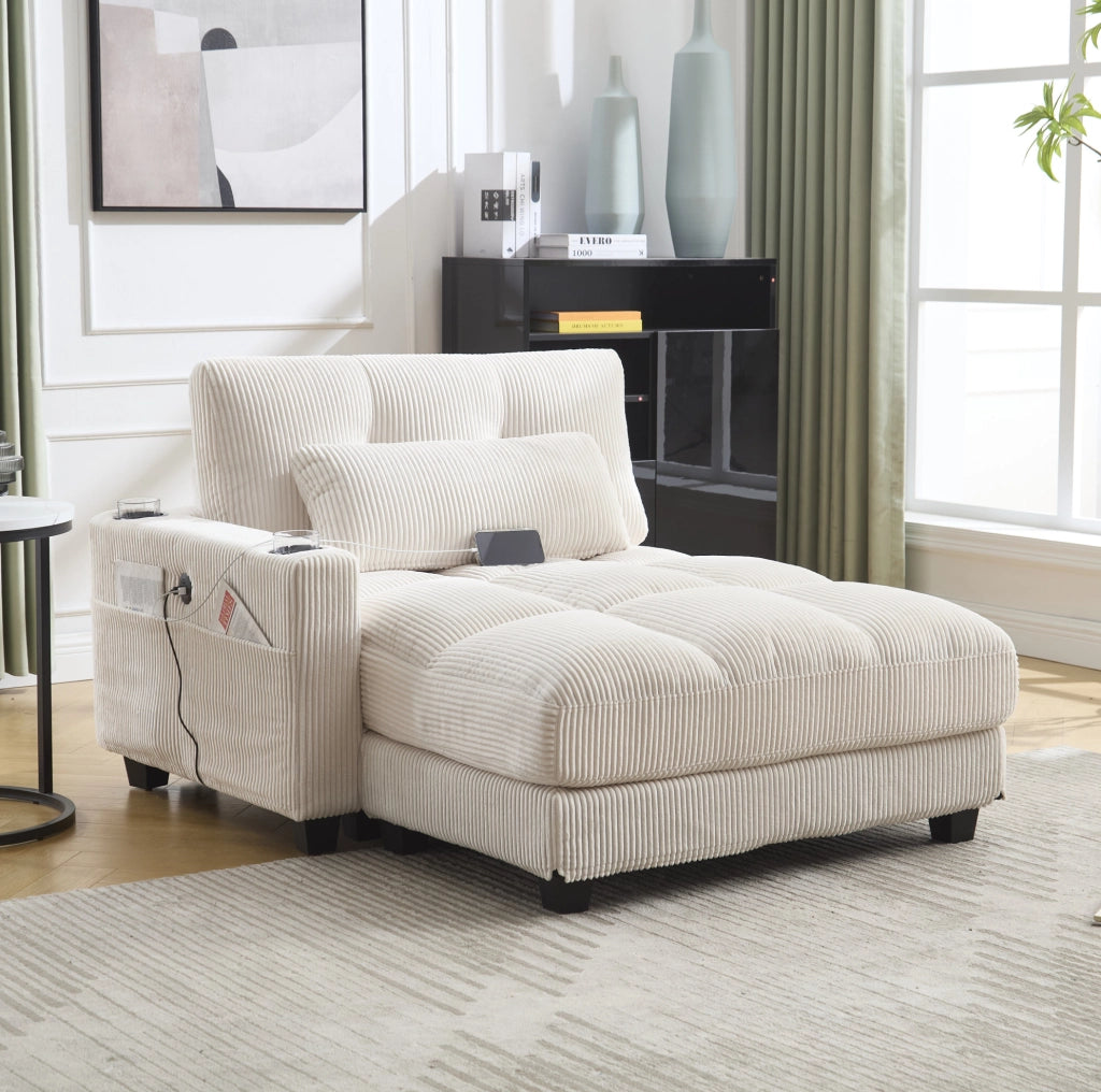 Poltrona relax 140x112x81 cm con portabevande; tasche laterali e ricarica laterale in velluto a coste beige