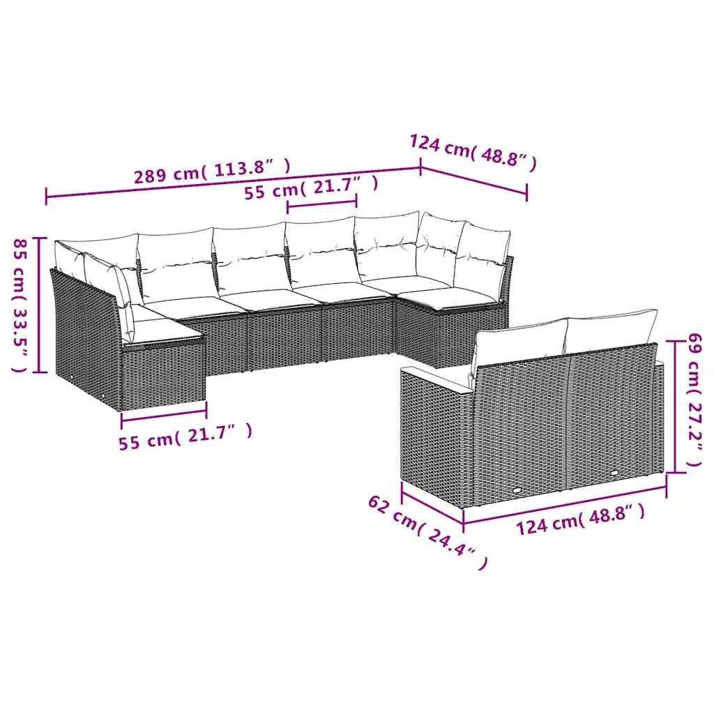 Set Divani da Giardino 9 pz con Cuscini Grigio in Polyrattan 3226292