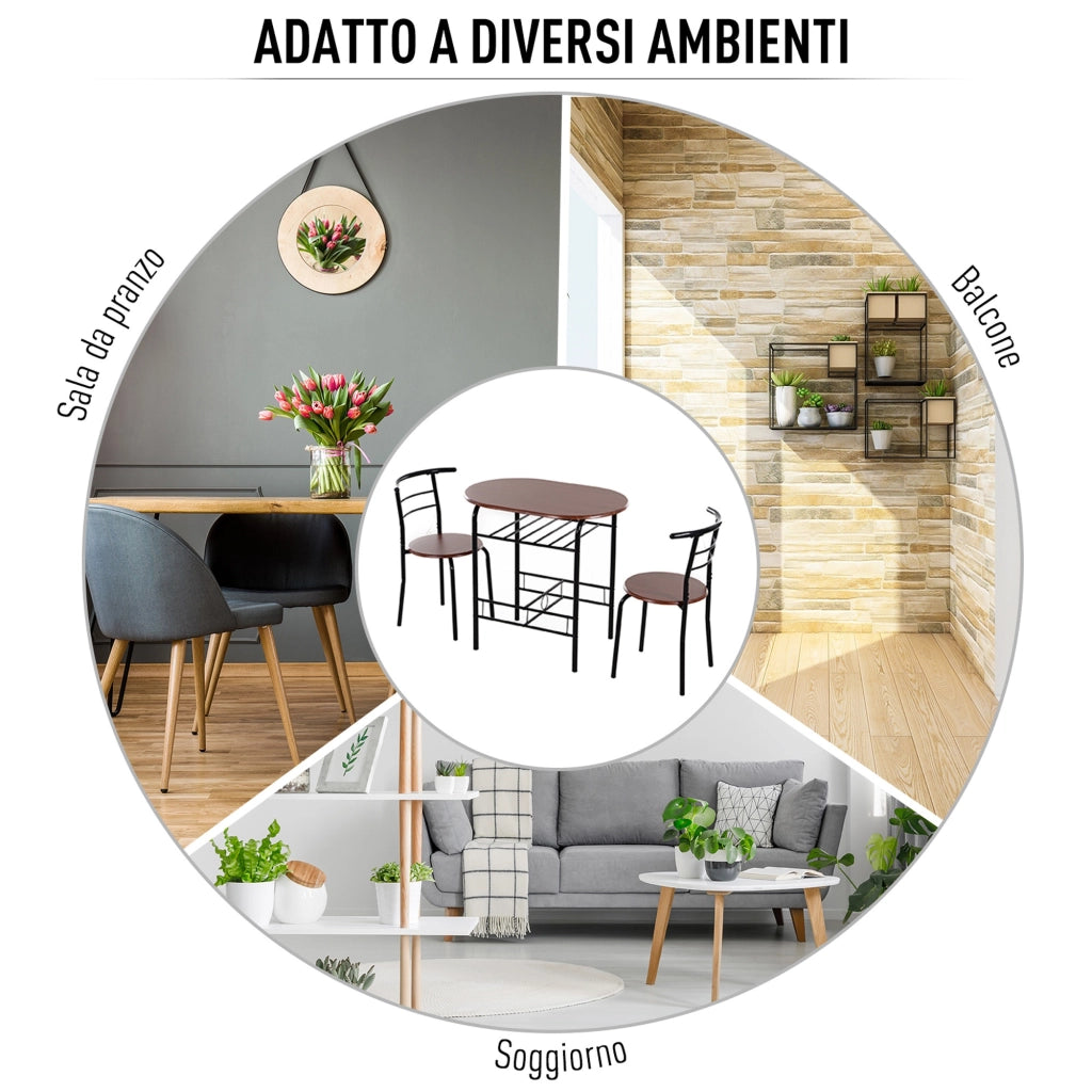 EasyComfort Set Tavolo Moderno con 2 Sedie per Sala da Pranzo, Set 3 Pezzi Mobili Salvaspazio da Cucina, Balcone, Ristorante o Bar, Marrone e Nero