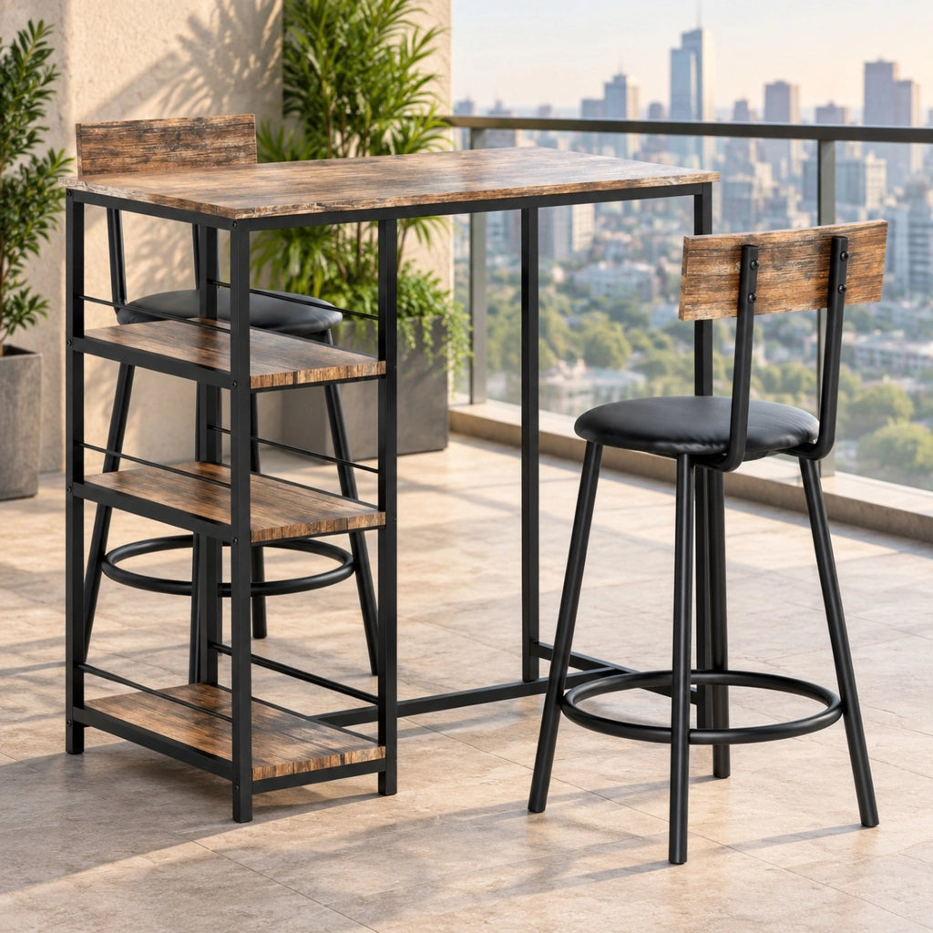 Set tavolo bar con 2 sgabelli e 3 ripiani rovere