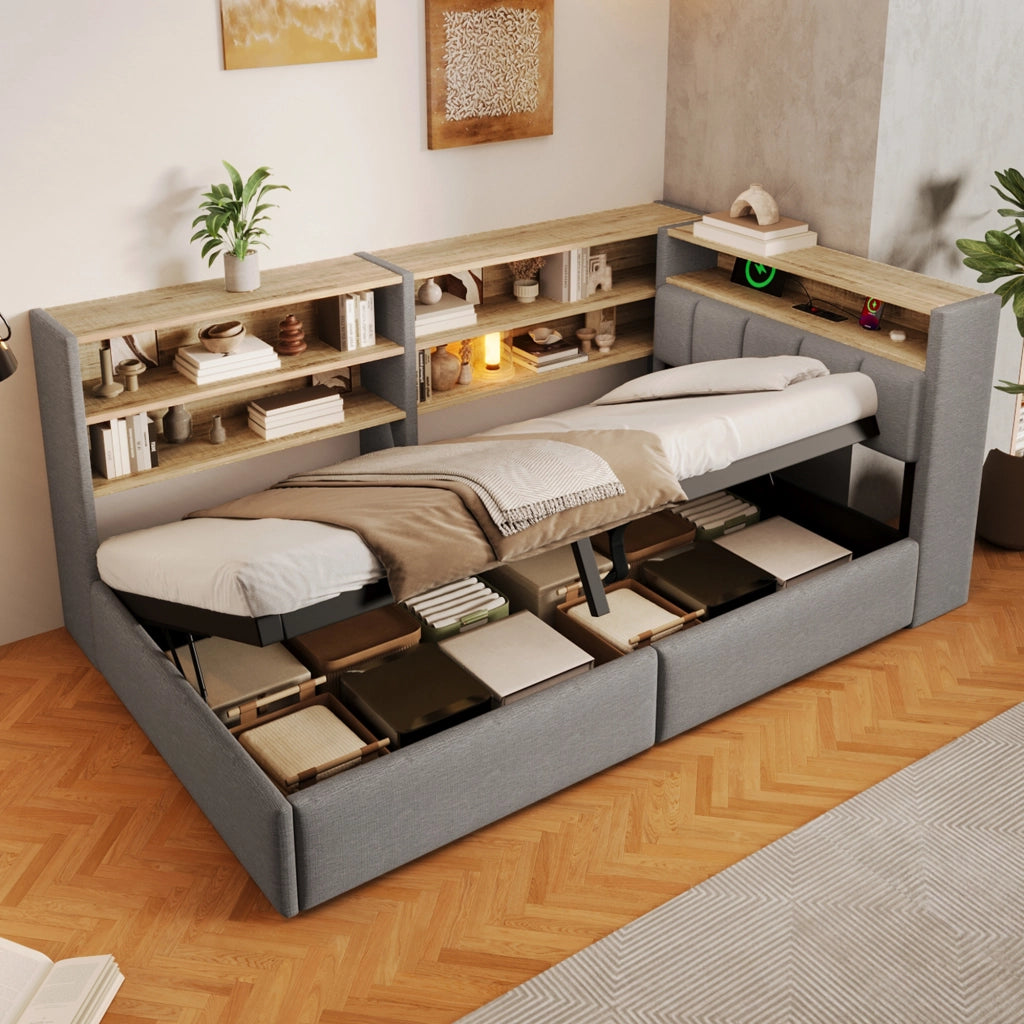 Letto Contenitore Singolo LEMONMAX 90x200 cm con Sollevamento Idraulico, LED APP, USB-A/USB-C e Modulo Laterale, Rete a Doghe, Velluto Grigio