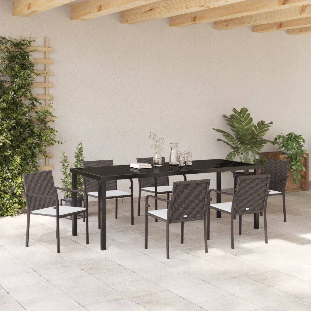 Set da Pranzo da Giardino 7 Pezzi con Cuscini Marroni in Polyrattan di