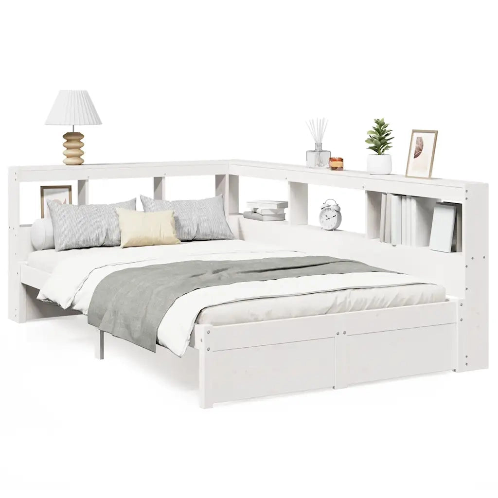 Letto Libreria senza Materasso-Struttura Letto con contenitore Bianco 90x190 cm Massello Pino 686697