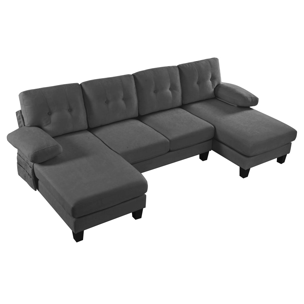 Divano angolare 4 posti - con chaise longue; tasche laterali e schienale trapuntato - in chenille grigio
