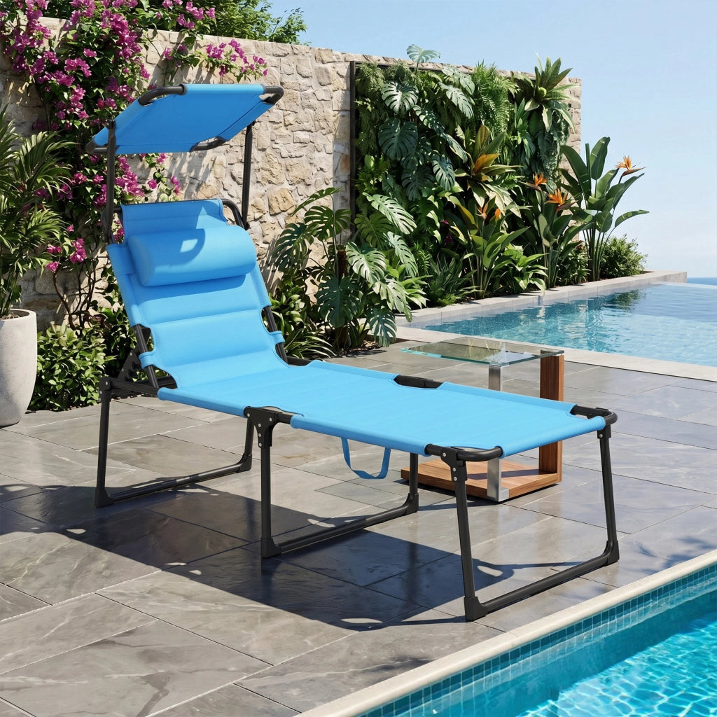 Tumbona da giardino con braccioli e ombrellone regolabile ¨C zephmum ¨C azzurro 70x200x45 cm