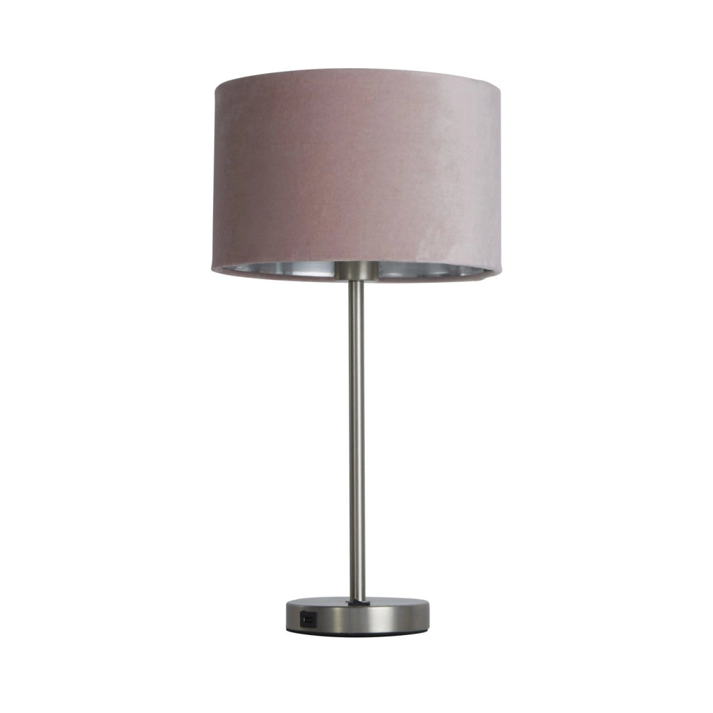 Lampada da tavolo USB Finn - Metallo nichel satinato e paralume in velluto rosa