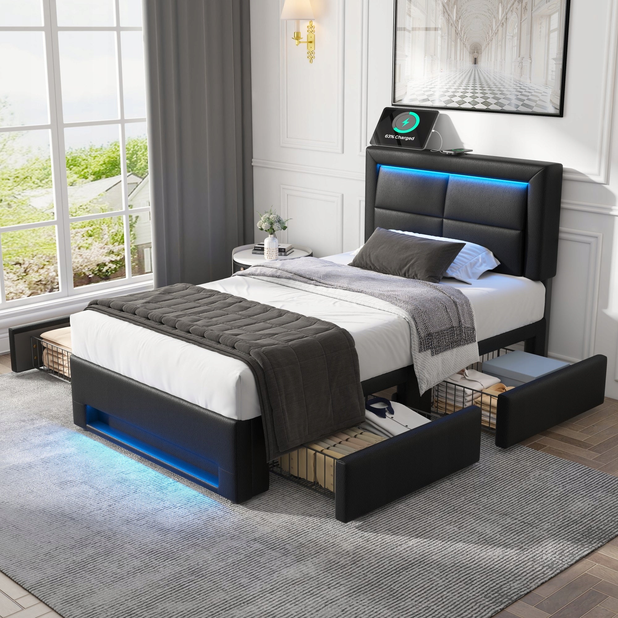 Letto singolo 90x190cm - Xylo - USB LED 4 cassetti nero PU