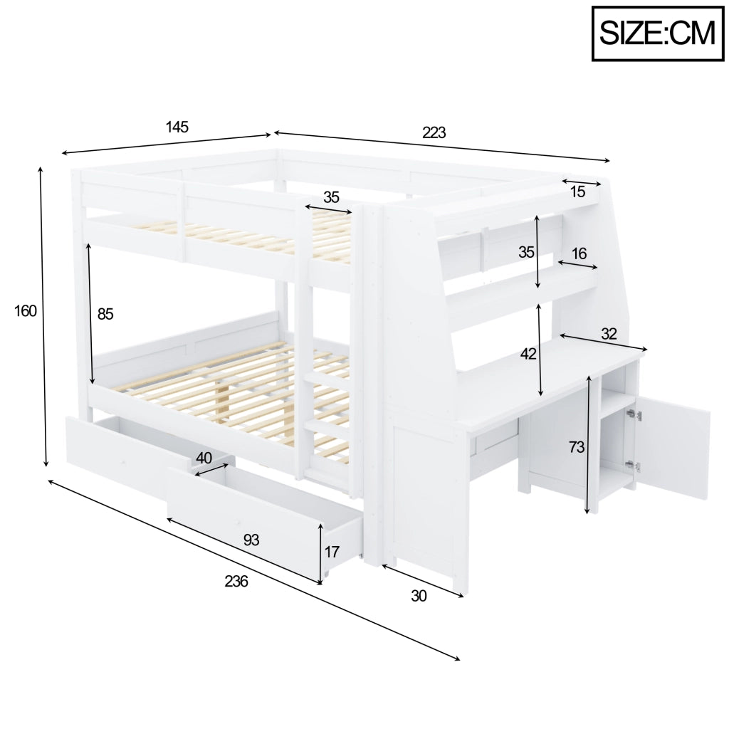 Letto a castello 140×200 cm con scrivania; armadio; ripiani e 2 cassetti; senza materasso; legno; bianco