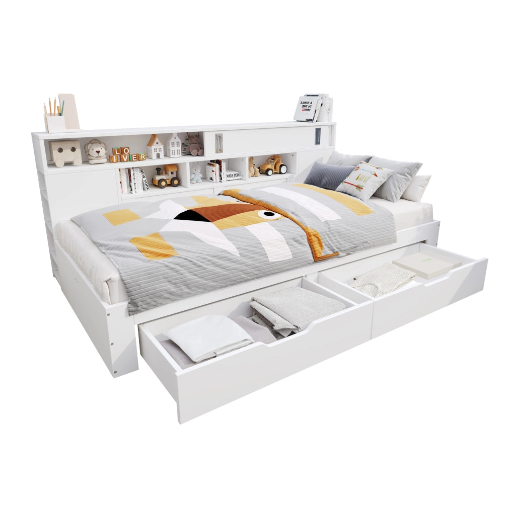 Letto singolo per bambini 140x190 cm con 2 cassetti; armadi e ripiani in MDF bianco
