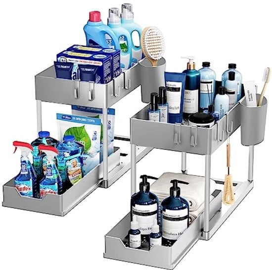 Set di 2 ripiani di stoccaggio sotto il lavello - 2 livelli con cassetti e grucce - Sistema di organizzazione spazievenditore