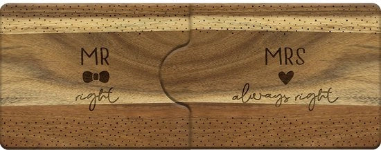 Set di piatti in legno con la frase "Mr. and Mrs. Right" | Set da 2 piatti in legno pieghevoli con motivi incisi | Regalo di nozze | 48794