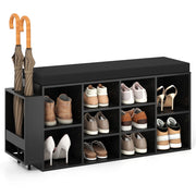 Panca porta scarpe scarpiera a 10 scomparti con seduta imbottita, Panca porta scarpe con portaombrelli Nero-Scarpiere