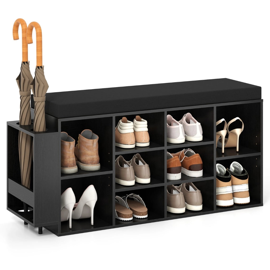 Panca porta scarpe scarpiera a 10 scomparti con seduta imbottita, Panca porta scarpe con portaombrelli Nero-Scarpiere