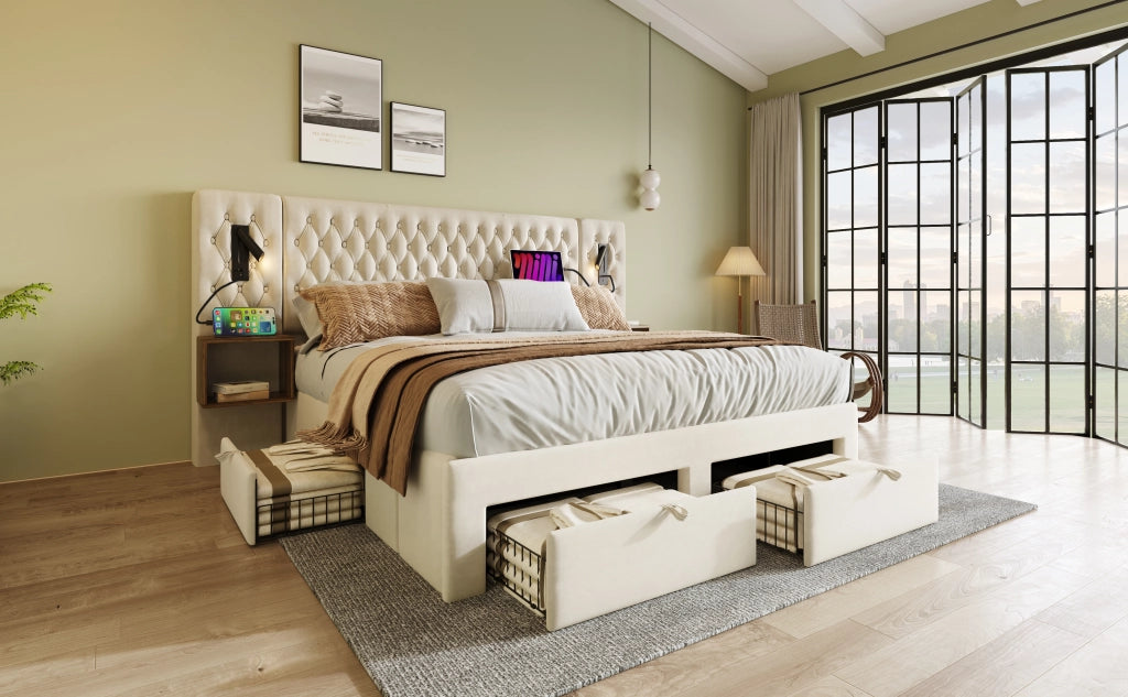 DESMIU Letto Matrimoniale con 4 Cassetti, USB, Tipo C e Luci da Lettura 160 × 200 cm, senza materasso