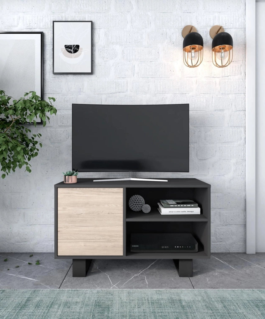 Mobile per Soggiorno e Sala da Pranzo composto da 1 Mobile TV100 e 1 Tavolino colore Grigio e colore Rovere con Gambe Nere RF1122