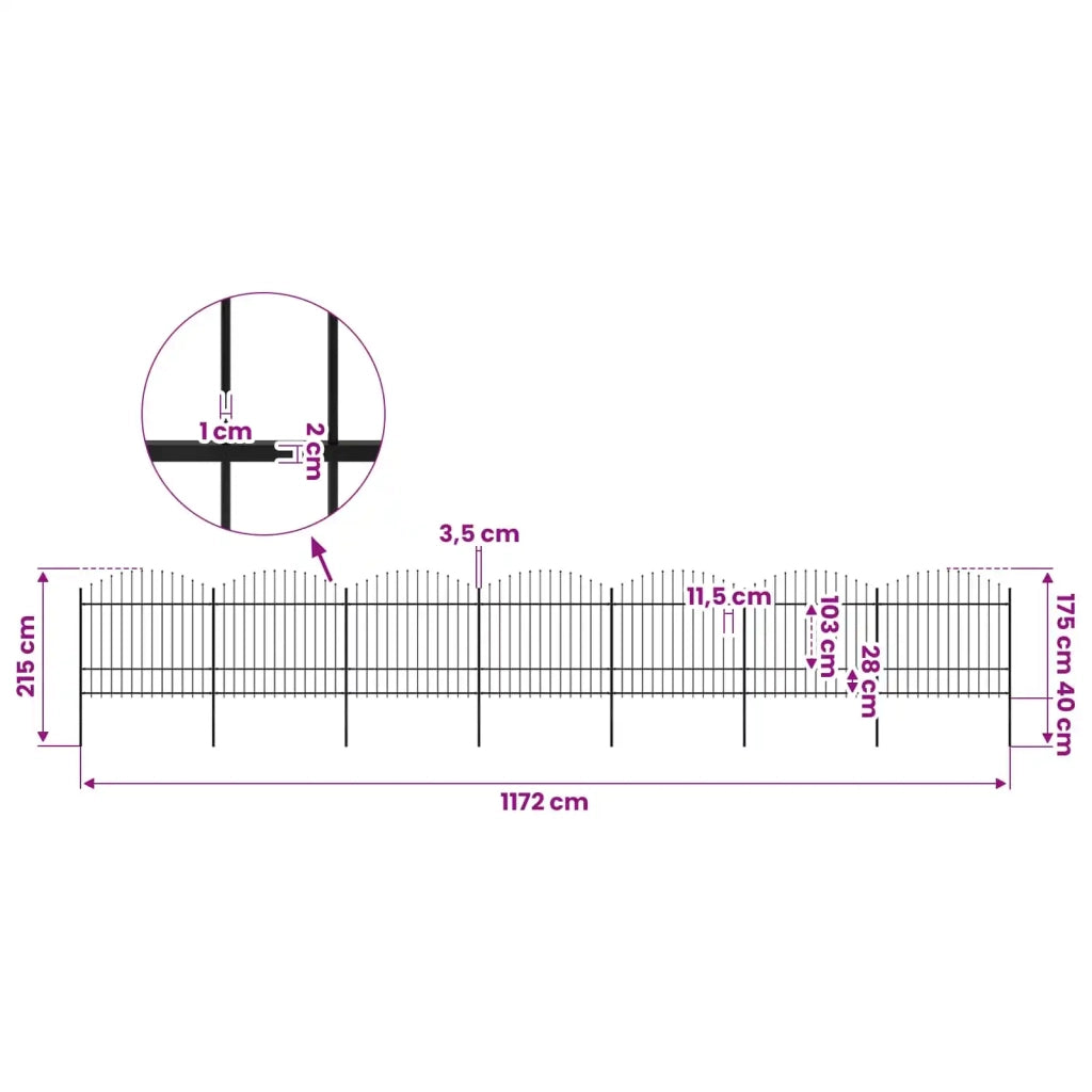 Recinzione da Giardino con Punta a Lancia in Acciaio 1172x175 cm Nero 277745