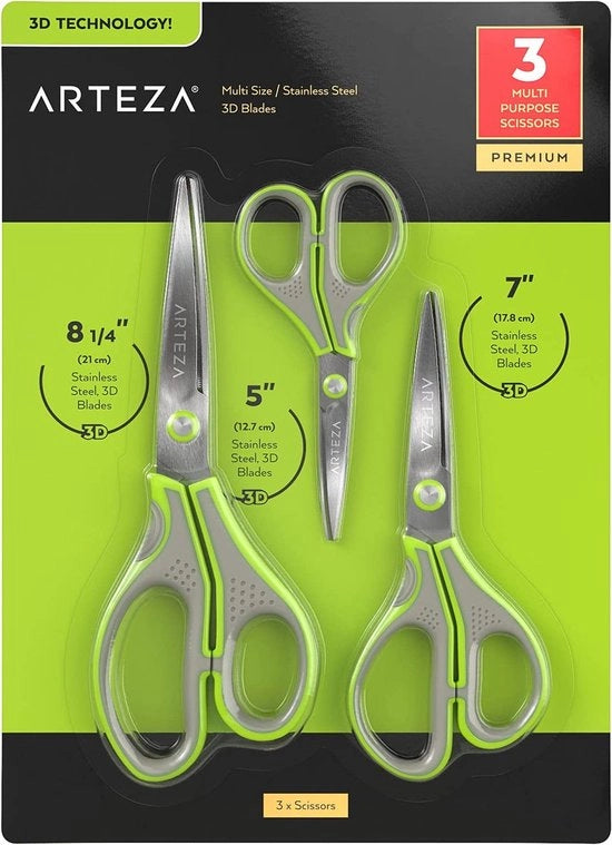 Set di forbici robuste, confezione da 3 pezzi - 12,7 cm, 17,8 cm e 21 cm, forbici in acciaio inossidabile con lame 3D, articoli domestici per progetti di artigianato, cucina e scuola