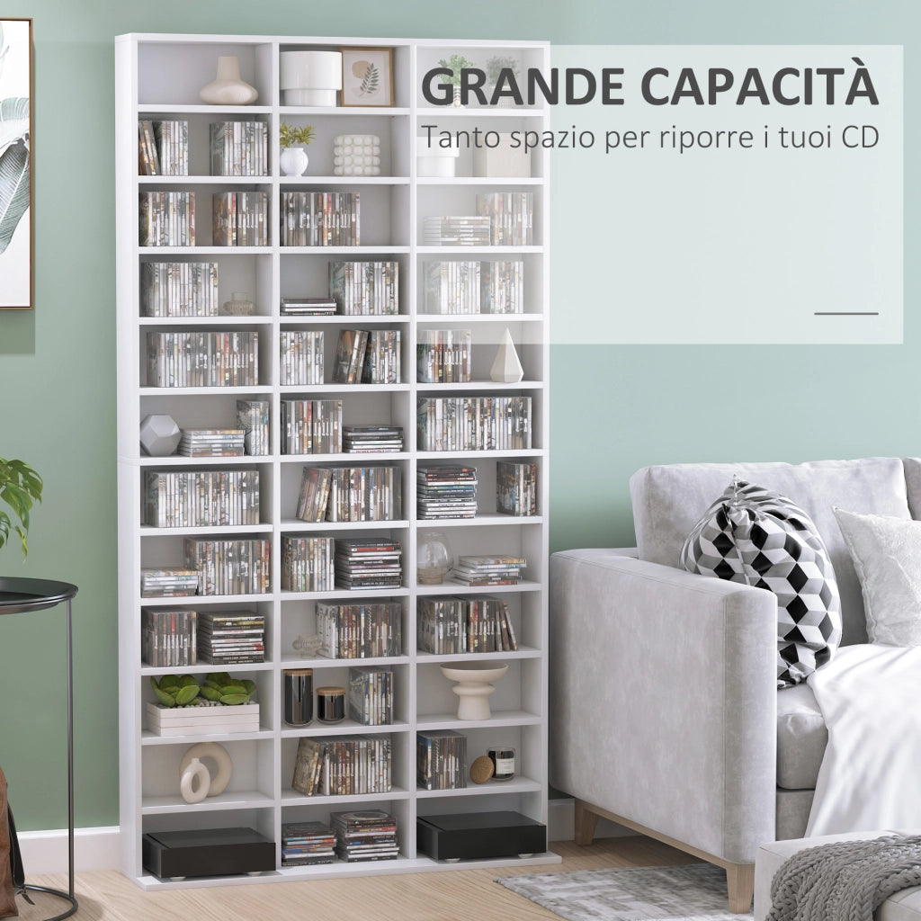 Libreria Porta CD 102x23,5x195 cm con 3 Colonne da 12 Ripiani in MDF Bianco