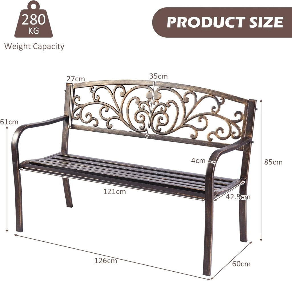 Panchina in Ferro da Giardino a 2 Posti, Panca con Schienale Belle e Braccioli, Panchina Vintage a Doppio Posto per Balcone, Terrazza, 127 x 60 x 82 cm, Bronzo