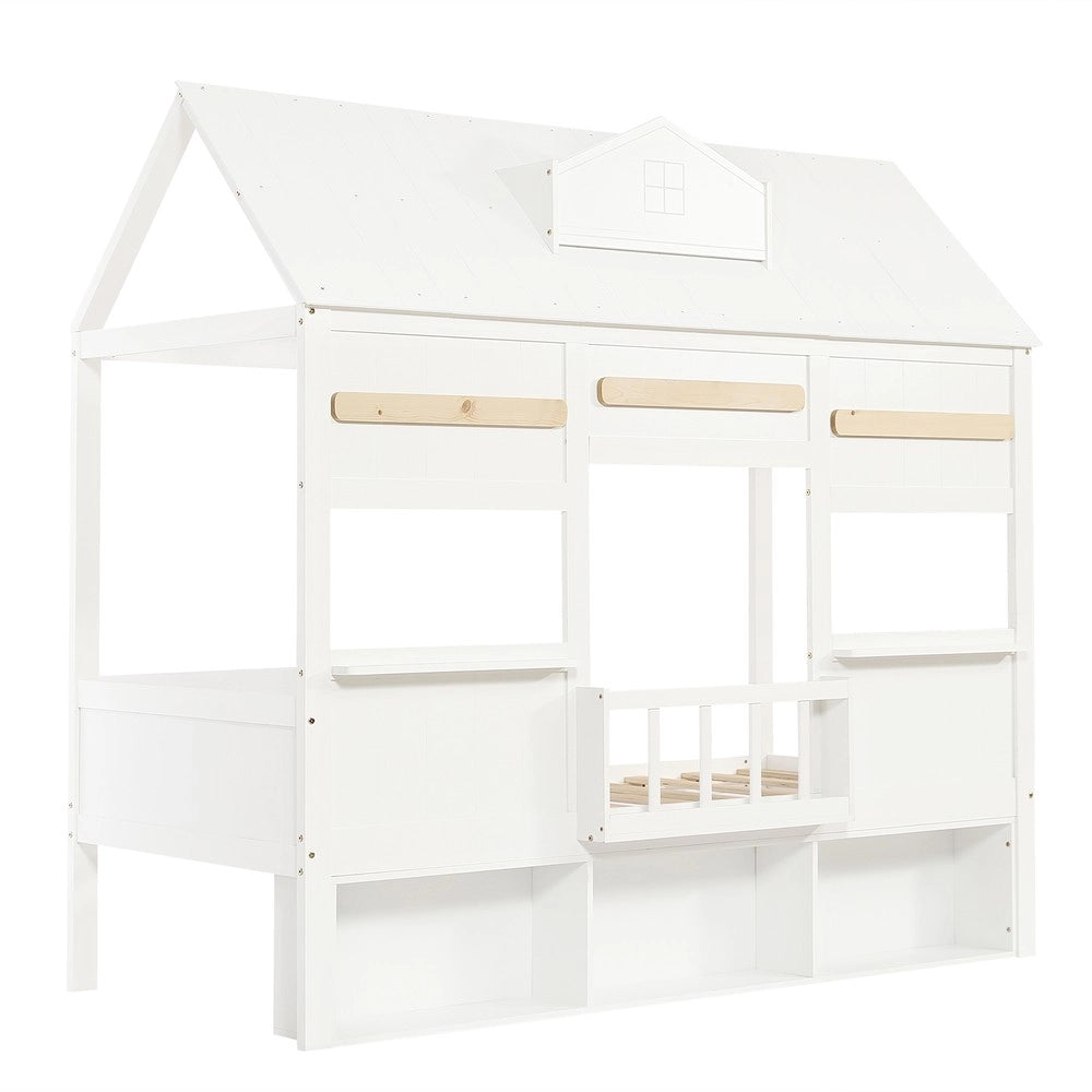 Letto a Soppalco per Bambini a Forma di Casa con Libreria ¨C Xylo ¨C Pino, Bianco, 90x200