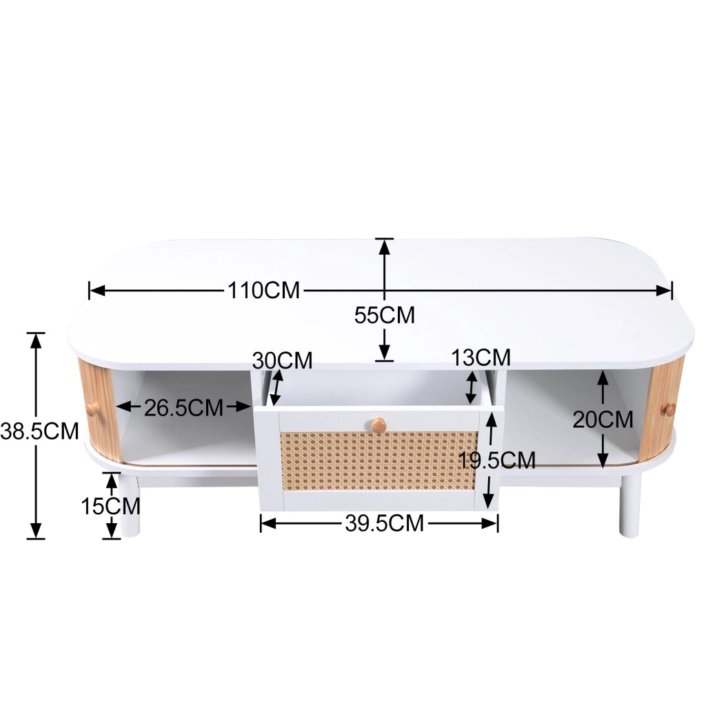Tavolino da caffè con vano contenitore 110x55x38;5 cm; bianco e legno; in MDF