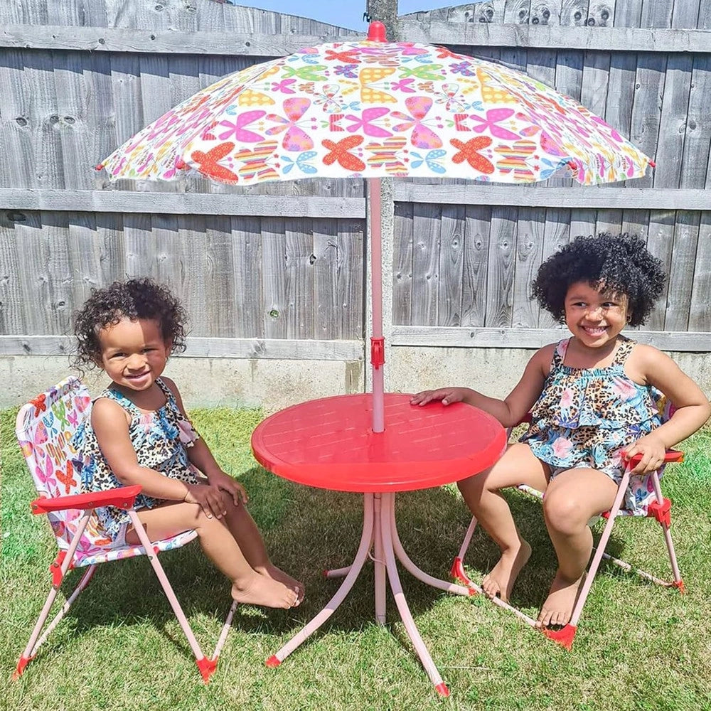 Trade Shop - Set Tavolo Sedia Bistrot Per Bambini Motivo Farfalla Giardino Cortile Con Ombrellone 529027 -