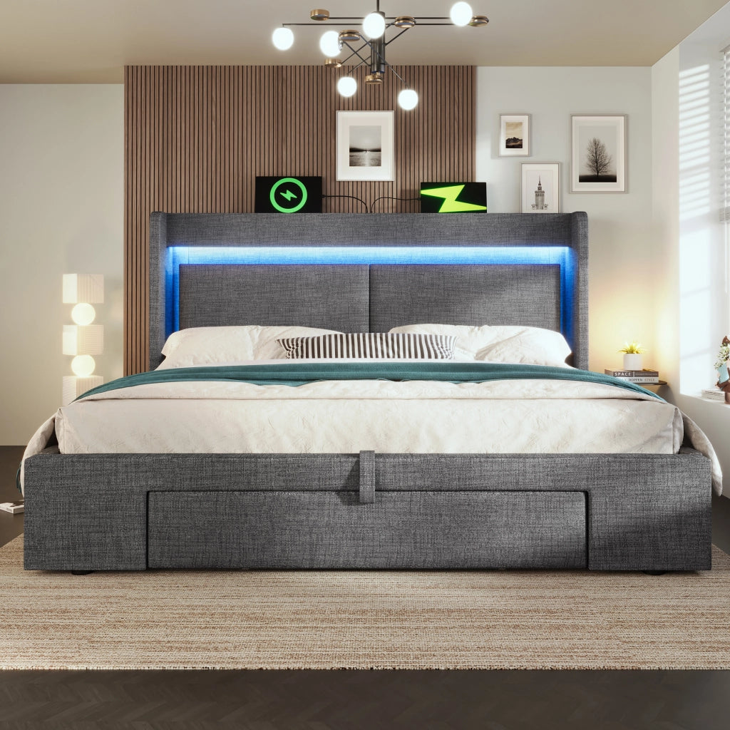 OKWISH Letto Contenitore 140×200 cm, Letto Matrimoniale con LED Regolabile, USB, Tipo C e Vano Testiera, senza Materasso, Lino, Grigio