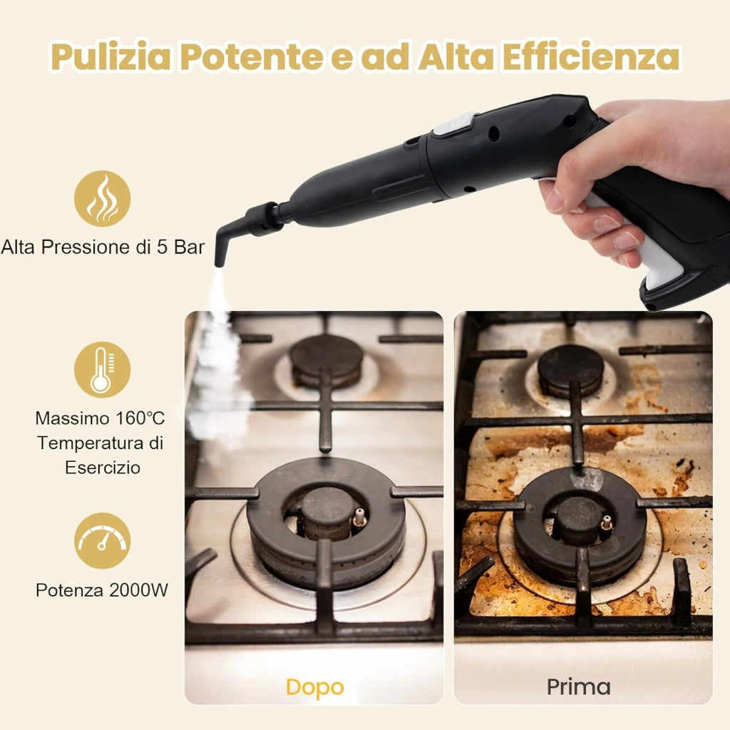 2000W Pulitore a Vapore, Vaporizzatore Portatile con Serbatoio 1,8L, er Uso Domestico con Accessori, Macchina per Pulizia su Pavimenti Finestre Tappeti (Bianco)