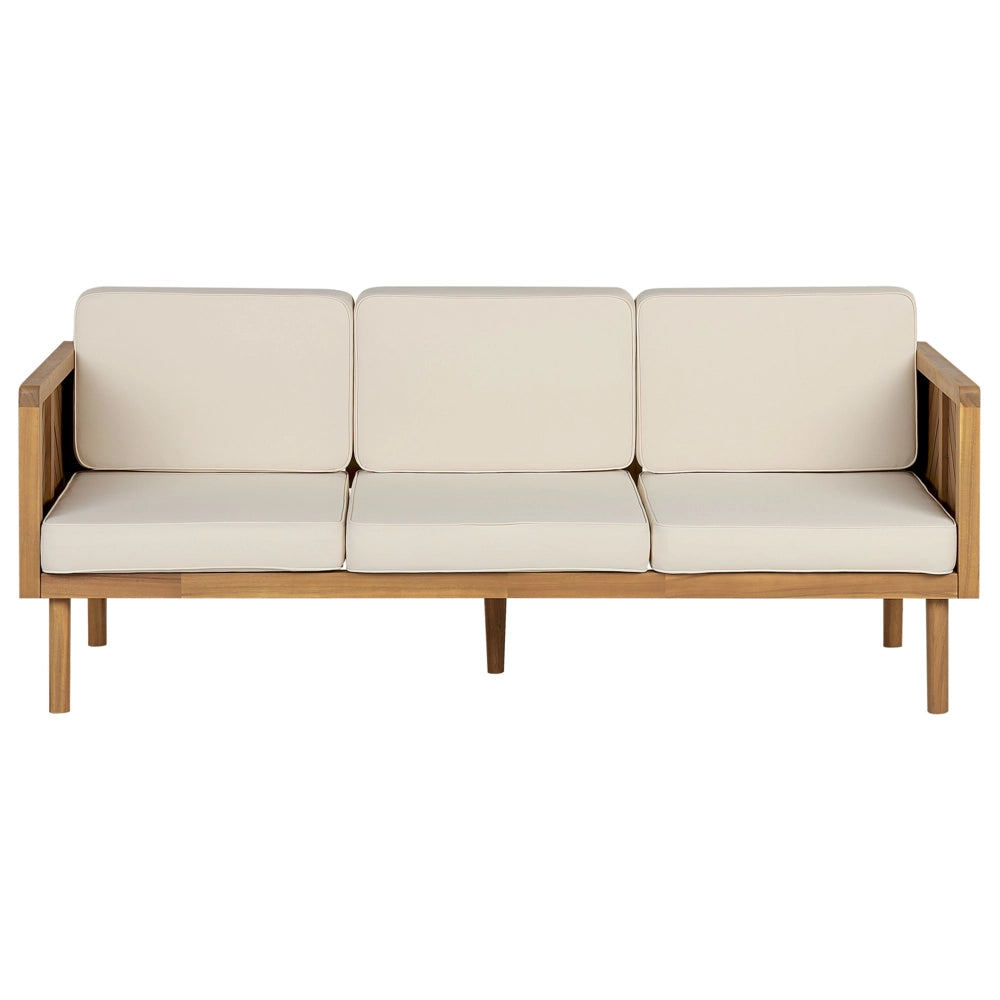 Divano da giardino in legno di acacia 3 posti beige chiaro cuscino da seduta con imbottitura a doghe design patio esterno stile moderno