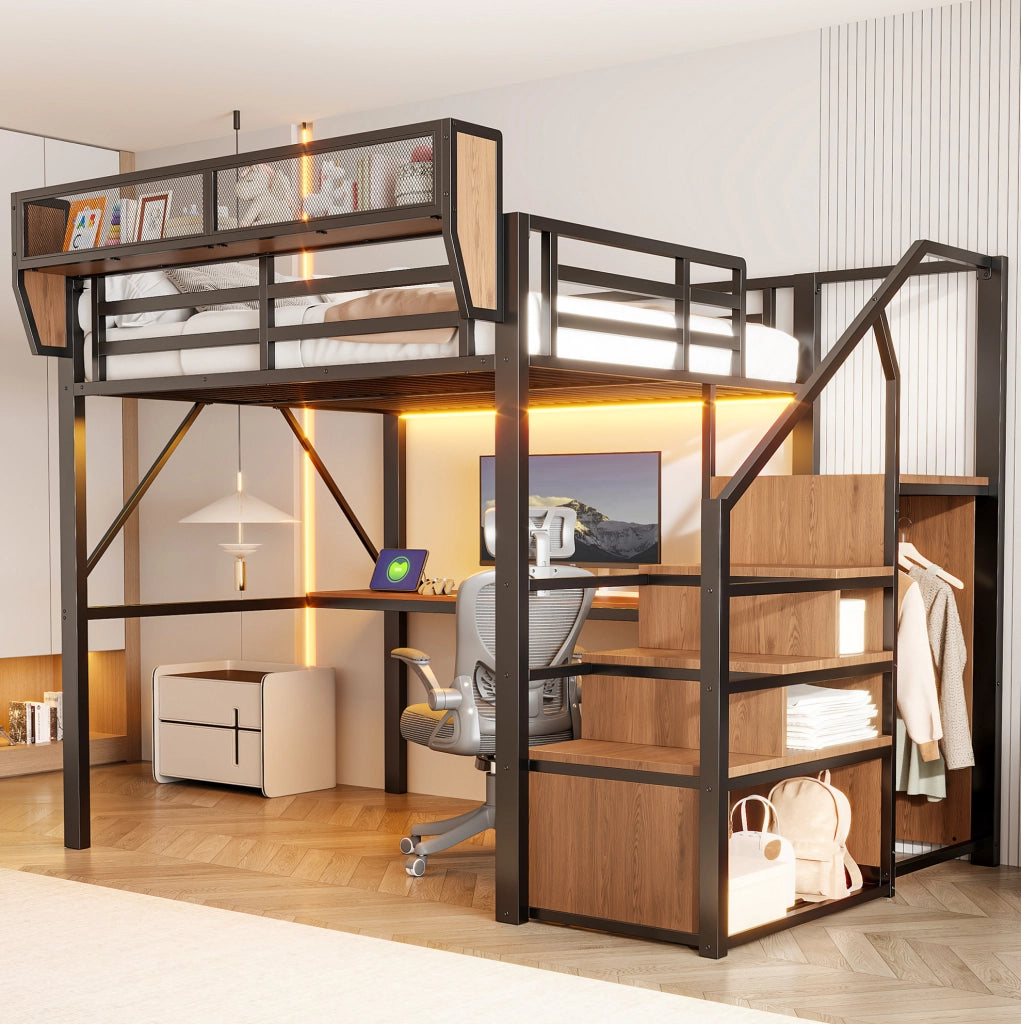 Letto a soppalco 140x200 cm in metallo e MDF nero con scrivania; LED; scala di sicurezza e ripiani
