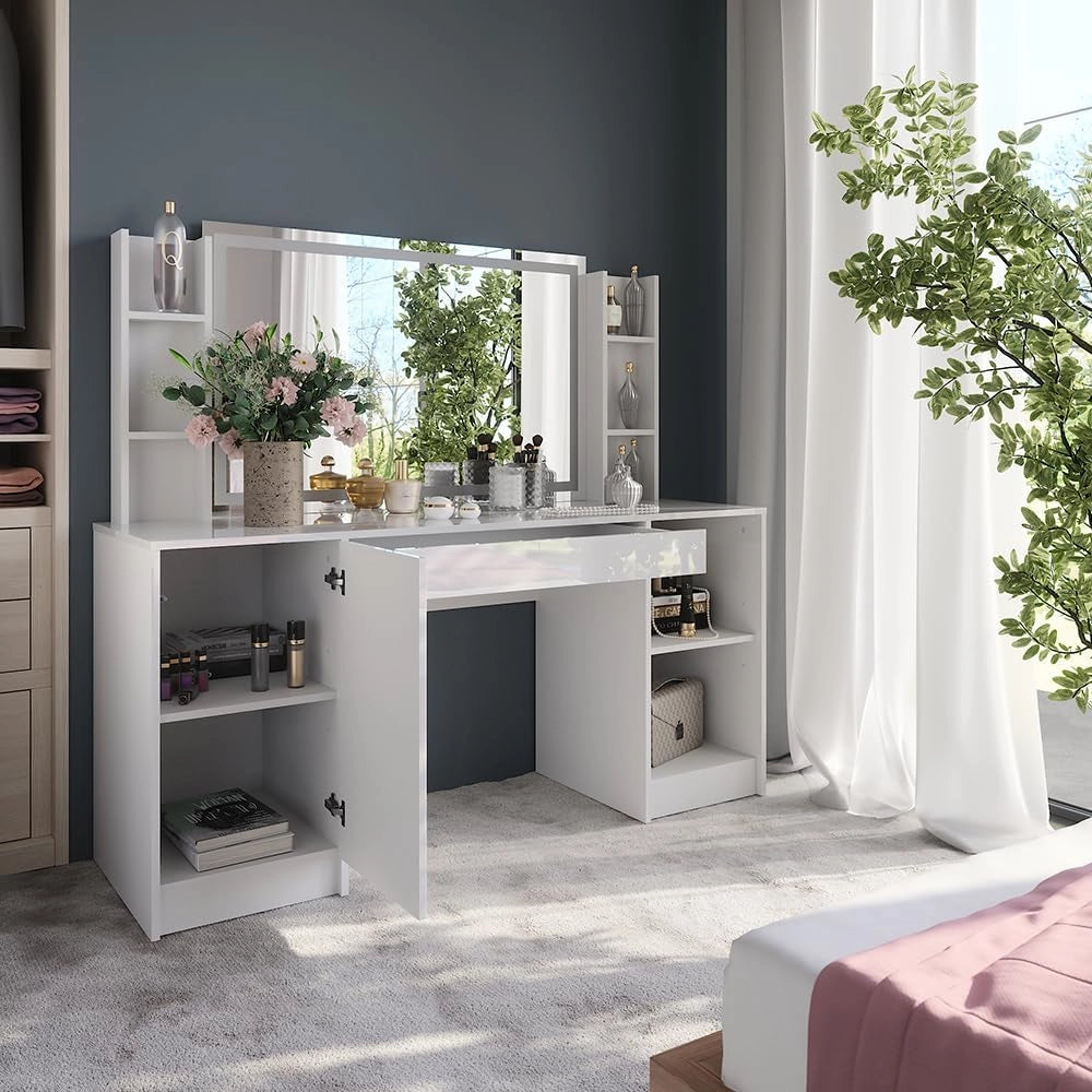 Tavolo da toeletta Sherry, Bianco/bianco lucido, 158.2 cm 4 parti, con illuminazione LED e specchio regolabile in altezza