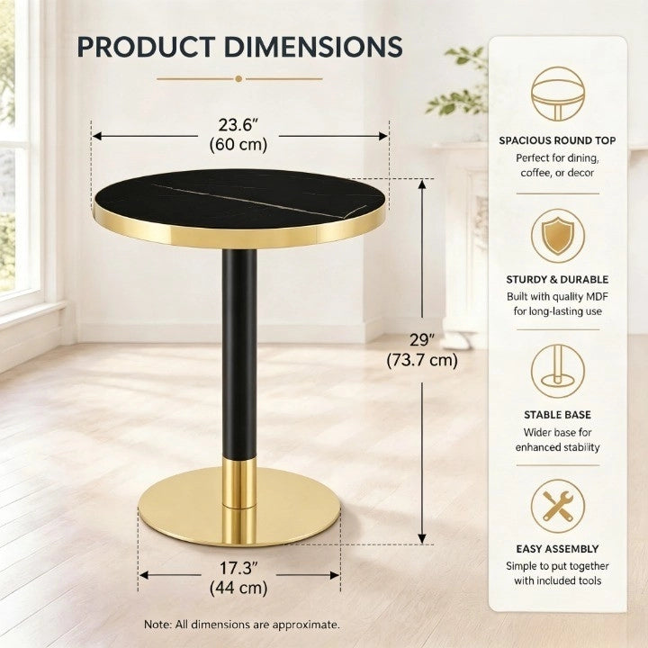 Consolle rotonda in MDF e metallo con piano effetto marmo e bordo dorato, per soggiorno e camera da letto, nero, Ø 60 cm × 73,7 cm
