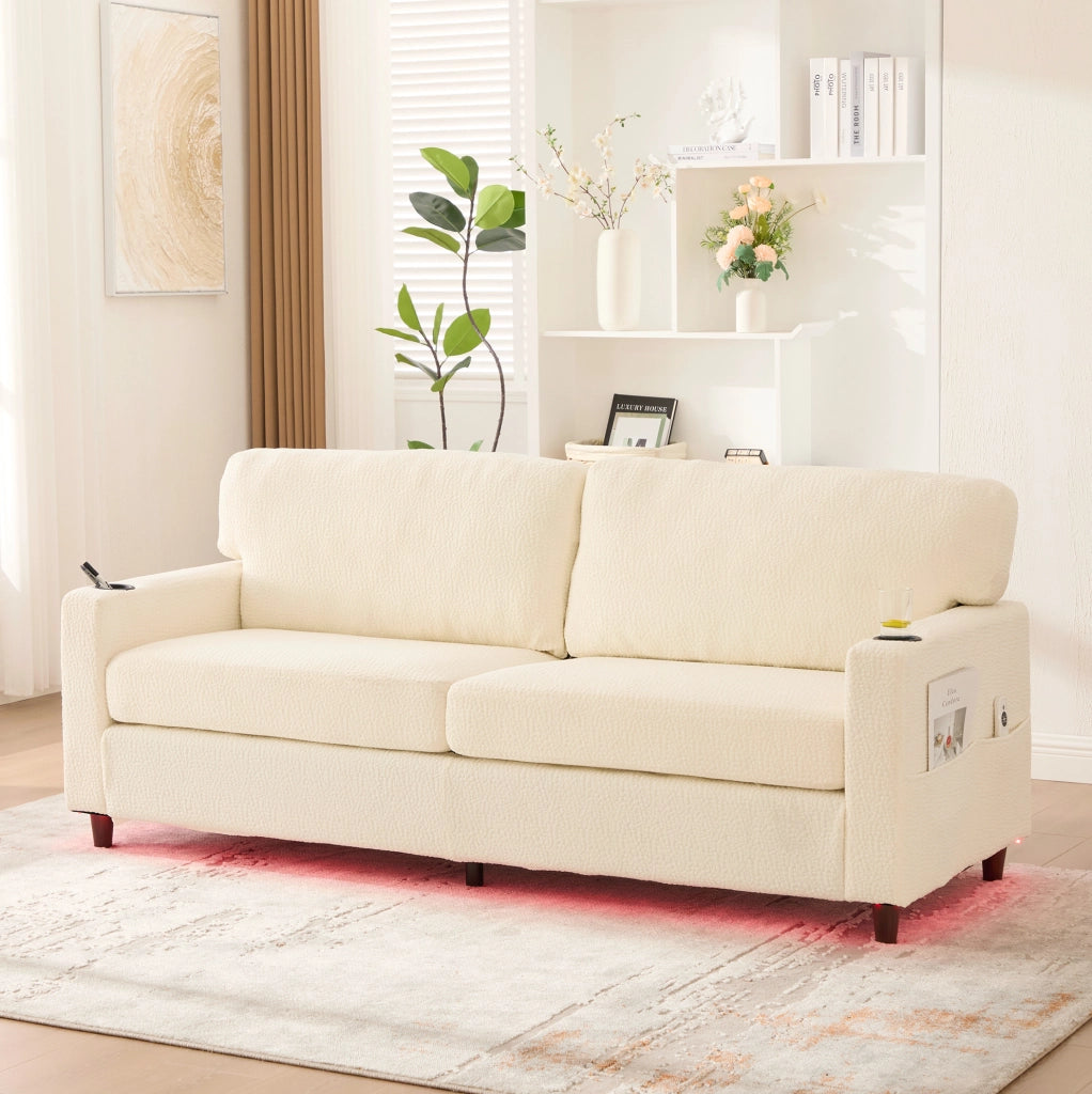 Divano a 2 posti 203x77.5x86 cm con USB-C; LED e portabevande in chenille beige