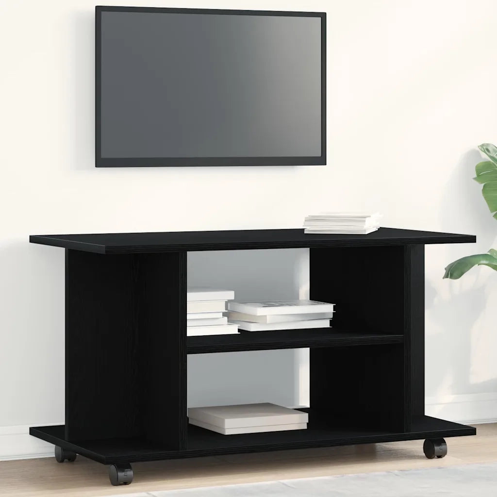 Mobile TV Ruote-Credenza per TV-Console TV Rovere Nero 80x40x45cm Legno Multistrato