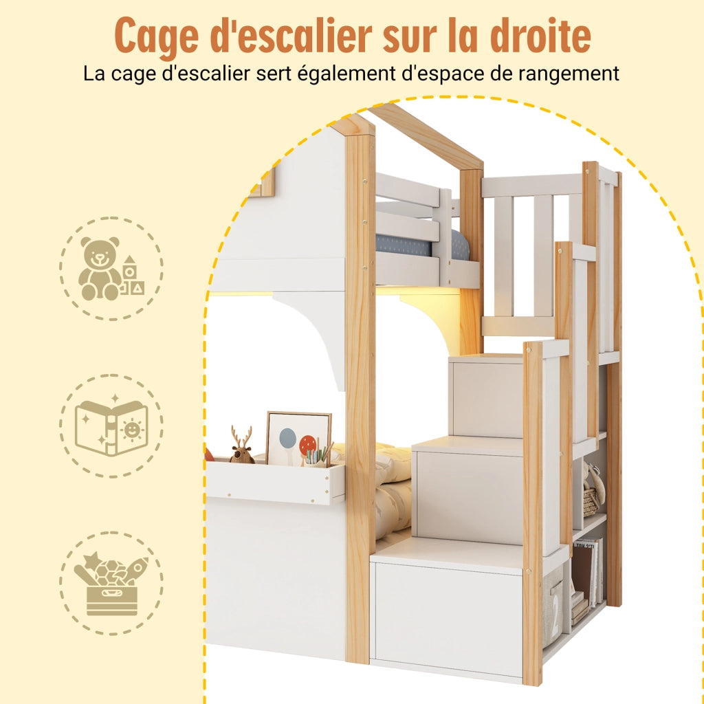 OKWISH Letto a Soppalco 90×200 cm, Letto Singolo con Scala Contenitore, LED e Finestra, senza Materasso, in Pino, Bianco