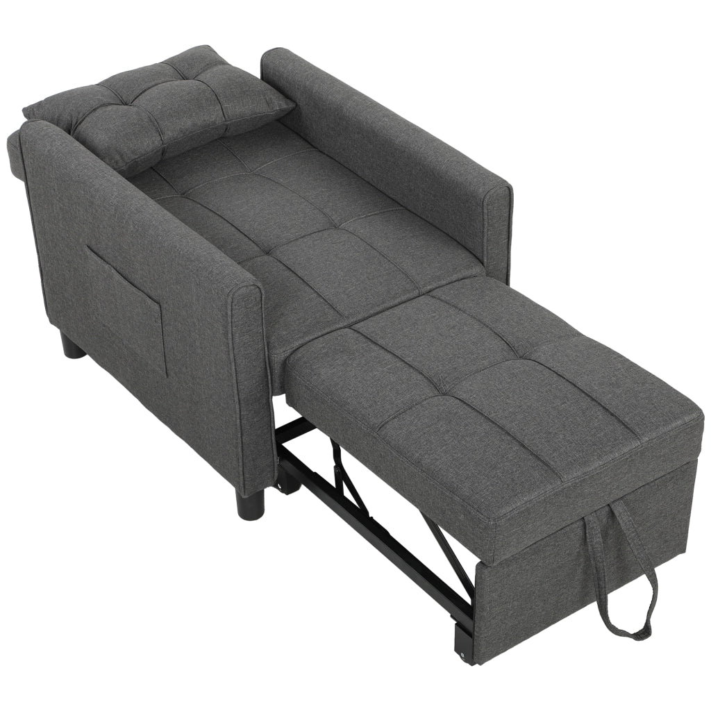 Poltrona Letto Singolo 69x82x85 cm con Schienale Reclinabile in Tessuto Effetto Lino e Legno Grigio