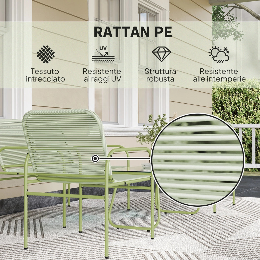 Set Salotto da Giardino con Divanetto Poltrone e Tavolino con Piano in Vetro in Rattan PE Verde
