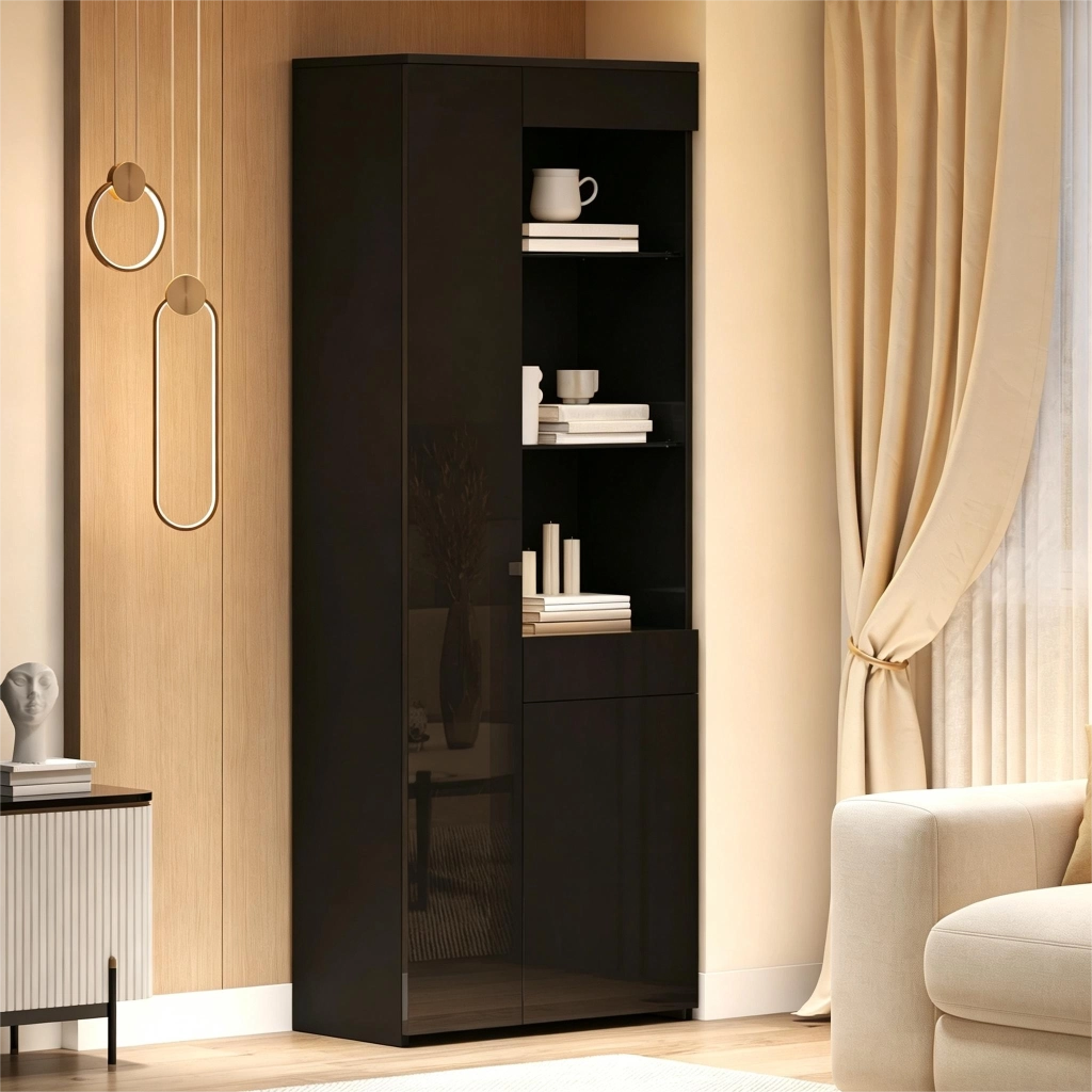 Vetrina con 2 ante; 1 cassetto e ripiani; illuminazione LED; per soggiorno; 70 x 35 x 180 cm; nera