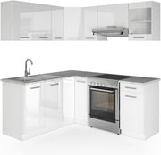 Cucina angolare completa Rick, Bianco lucido/bianco, 190 x 60 cm, PL Marmo, con elementi modulari espandibili per una pianificazione flessibile della cucina