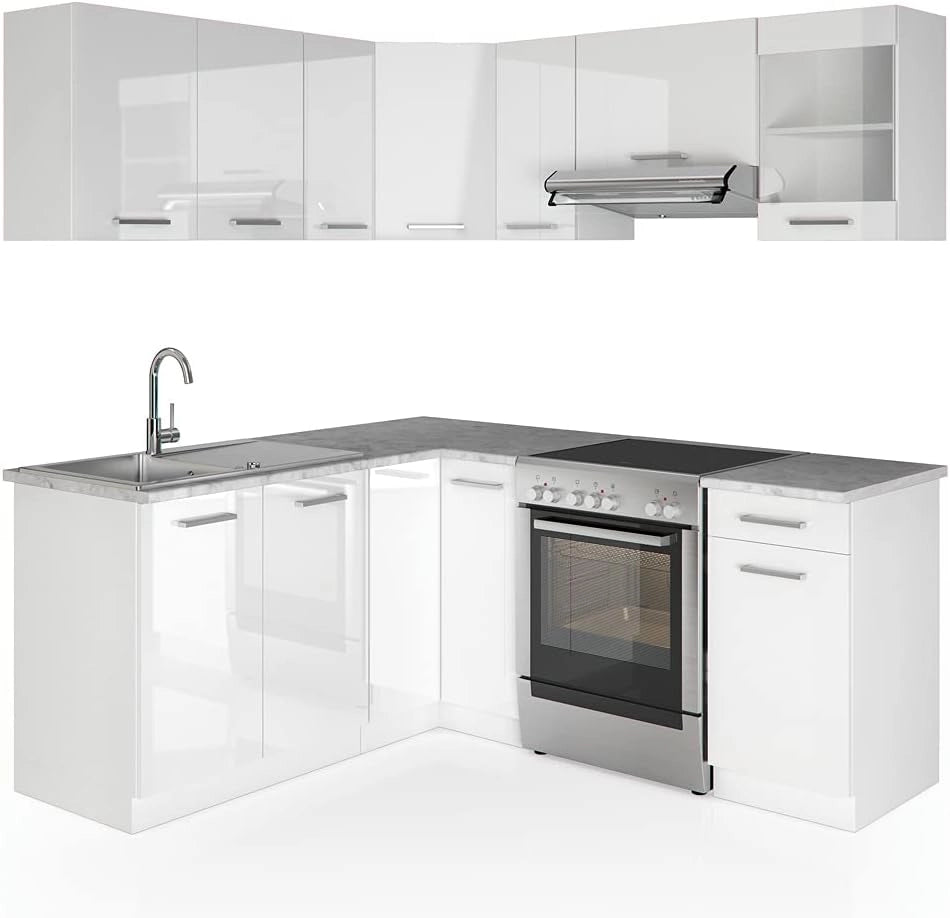 Cucina angolare completa Rick, Bianco lucido/bianco, 190 x 60 cm, PL Marmo, con elementi modulari espandibili per una pianificazione flessibile della cucina