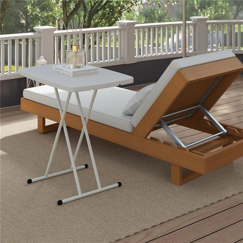 TAVOLINO DA GIARDINO PIEGHEVOLE CON ALTEZZA REGOLABILE, METALLO E HDPE, BIANCO
