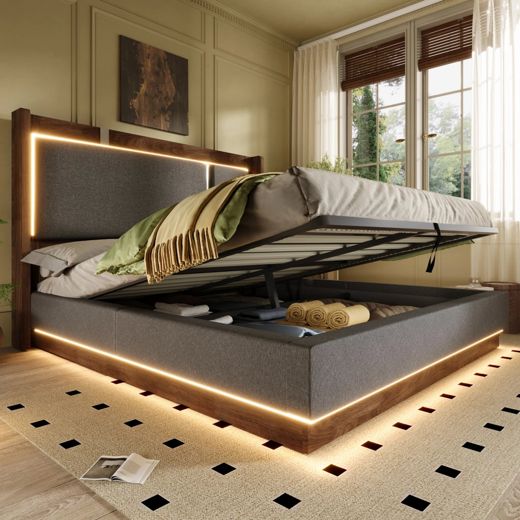 LETTO Matrimoniale 180x200 cm con LED, idraulico, Lino Grigio e Noce