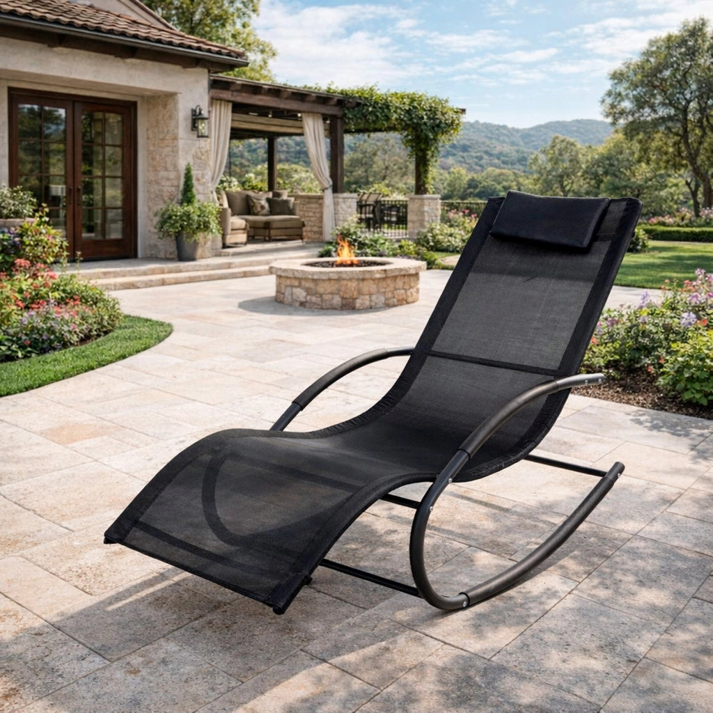 Sedia Basculante Da Giardino Ergonomica Con Poggiatesta Imbottito Poltrona Relax A Dondolo Per Terrazzo Patio Piscina 160x65x90 Cm Nero
